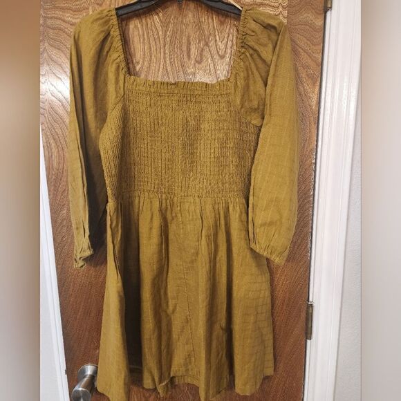 LOST + WANDER ecru olive 100% cotton smocked bodice minidress Size M - Picture 7 of 9